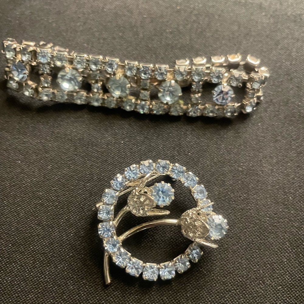 Silver and Blue Spiral Brooch with Sparkling Stones